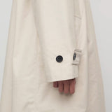 Side closeup view of porcelain lolana coat on model, against a white background.