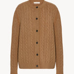 Front view of fawn loneke cardigan on white background, with no model shown.
