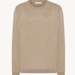 Front view of beige melange lorelei sweater on white background, with no model shown.