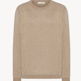 Front view of beige melange lorelei sweater on white background, with no model shown.