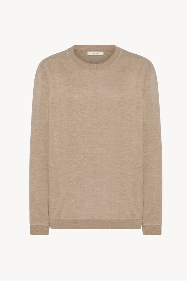Front view of beige melange lorelei sweater on white background, with no model shown.