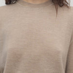 Front closeup view of beige melange lorelei sweater on model against a white background.