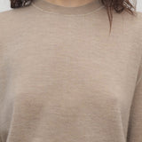 Front closeup view of beige melange lorelei sweater on model against a white background.