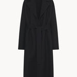 Front view of black malika coat on white background, with no model shown.