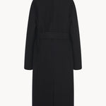 Back view of black malika coat on white background, with no model shown.