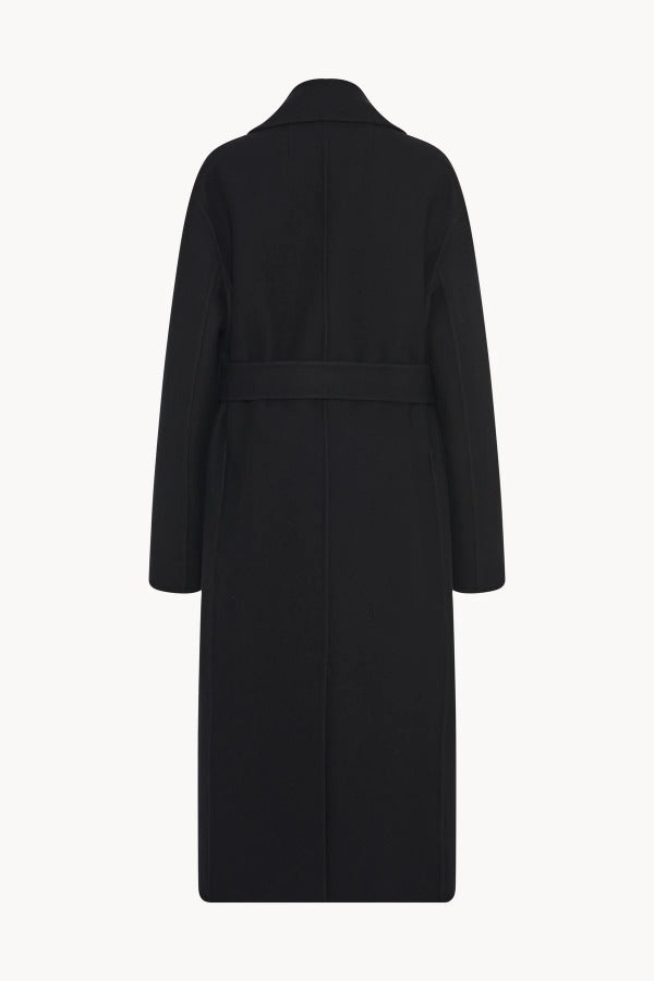 Back view of black malika coat on white background, with no model shown.