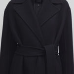 Front closeup view of black malika coat on model against a white background.