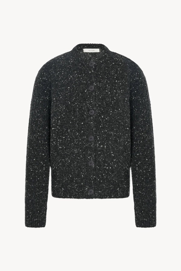 Front view of charcoal melange mauino cardigan on white background, with no model shown.