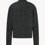 Back view of charcoal melange mauino cardigan on white background, with no model shown.