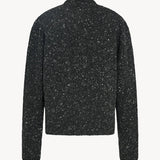 Back view of charcoal melange mauino cardigan on white background, with no model shown.