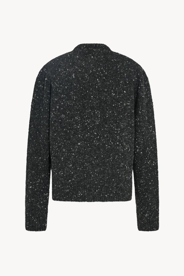 Back view of charcoal melange mauino cardigan on white background, with no model shown.