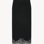 Front view of black mea skirt on white background, with no model shown.