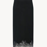 Back view of black mea skirt on white background, with no model shown,