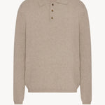 Front view of beige melange almot sweater on white background, with no model shown.