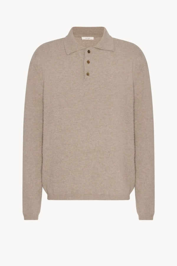 Front view of beige melange almot sweater on white background, with no model shown.