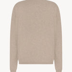 Back view of beige melange almot sweater on white background, with no model shown.
