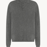 Front view of grey melange almot sweater on white background, with no model shown.