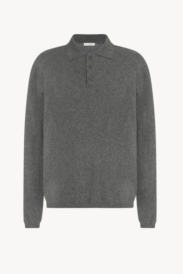 Front view of grey melange almot sweater on white background, with no model shown.