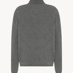 Back view of grey melange almot sweater on white background, with no. model shown.