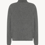 Back view of grey melange almot sweater on white background, with no. model shown.