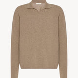 Front view of taupe men's franz sweater on white background, with no model shown.