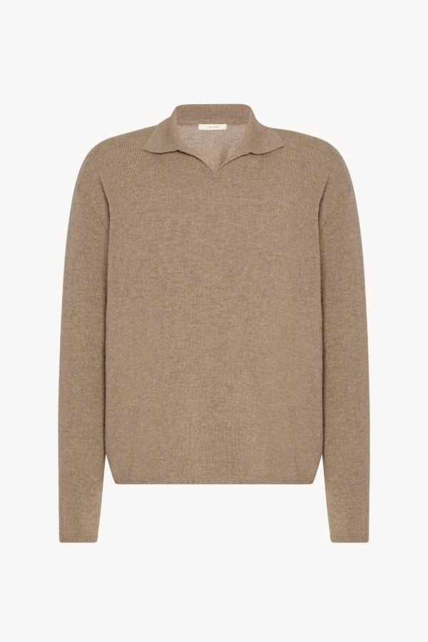 Front view of taupe men's franz sweater on white background, with no model shown.