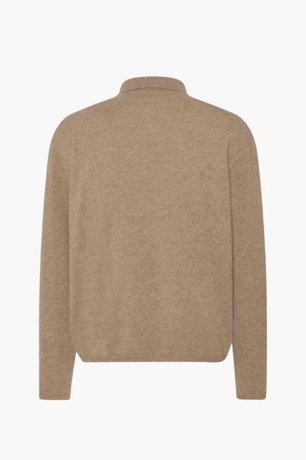 Back view of taupe men's franz sweater on white background, with no model shown.