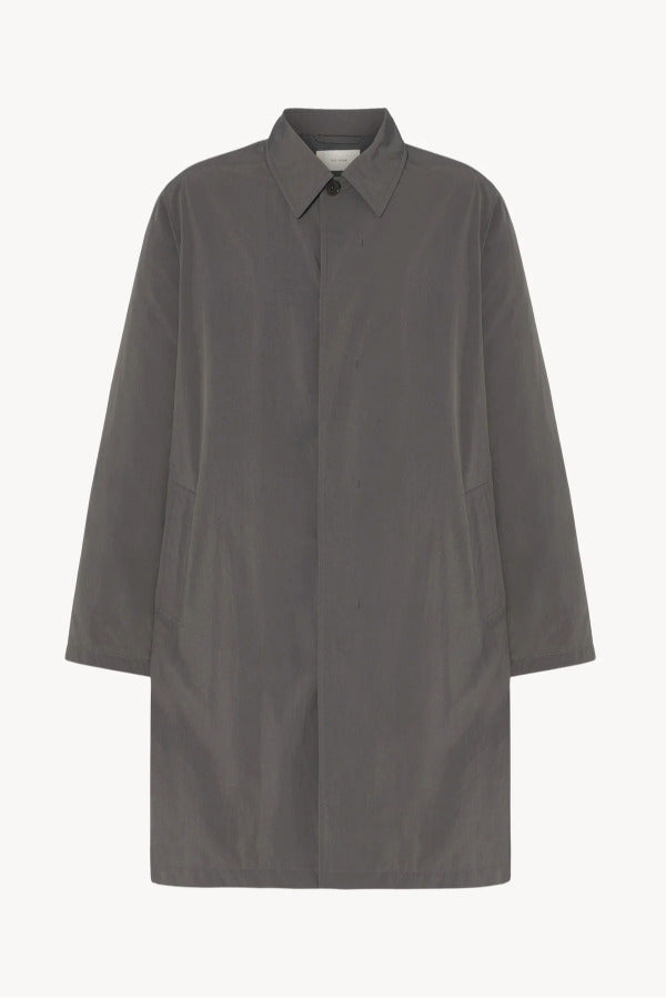 Front view of grey cobalt men's hesper coat on white background, with no model shown.