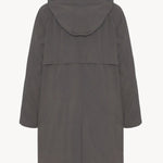 Back view of grey cobalt men's hesper coat on white background, with no model shown.