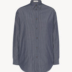 Front view of blue/white men's miller stripe shirt on white background, with no model shown.