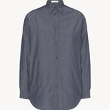 Front view of blue/white men's miller stripe shirt on white background, with no model shown.