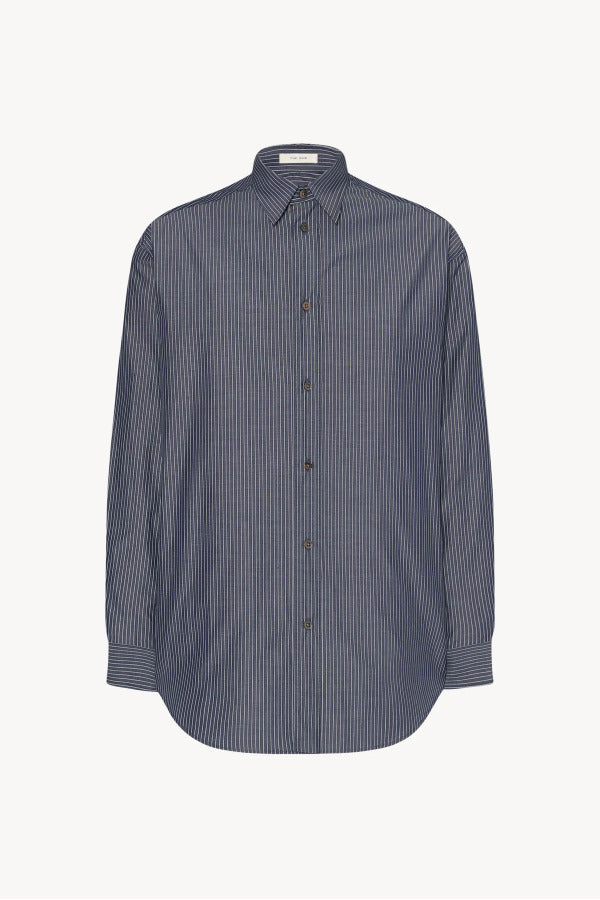 Front view of blue/white men's miller stripe shirt on white background, with no model shown.