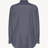 Back view of blue/white men's millers stripe shirt on white background, with no model shown.