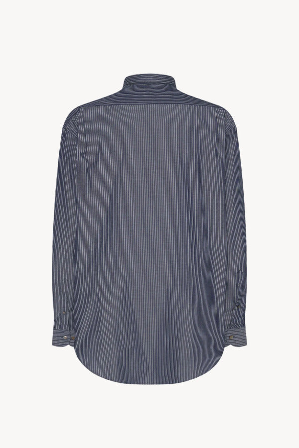 Back view of blue/white men's millers stripe shirt on white background, with no model shown.