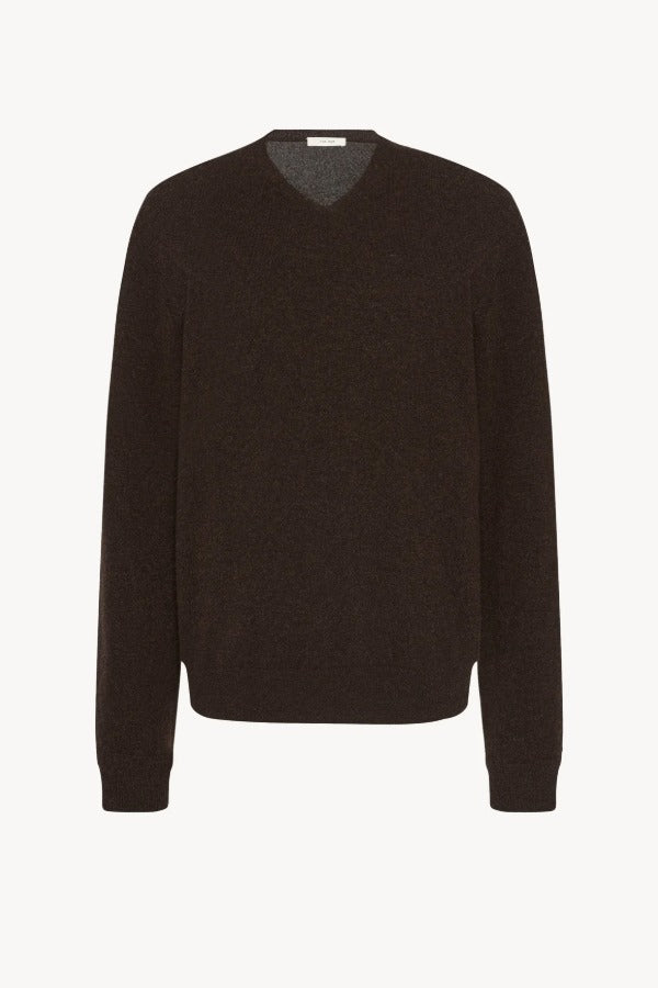 Front view of brown melange rod sweater on white background, with no model shown.