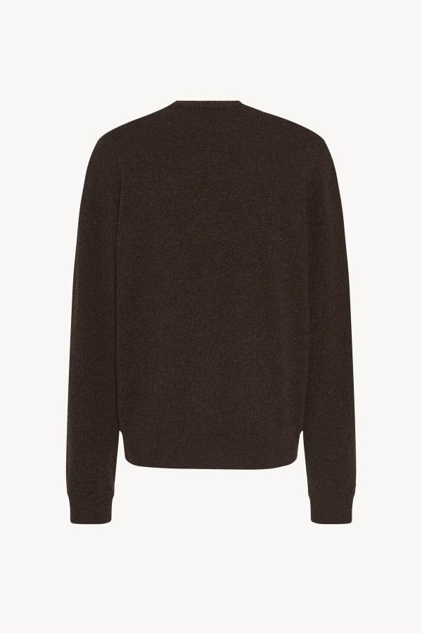 Back view of brown melange rod sweater on white background with no model shown.