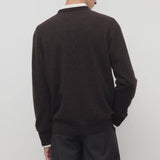 Back view of brown melange rod sweater on model wearing grey trousers, against a white background.