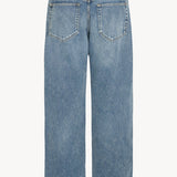 Back view of medium blue men's ross jean on white background, with no model shown.