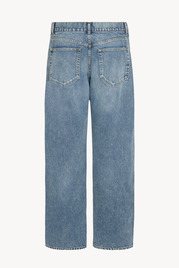 Back view of medium blue men's ross jean on white background, with no model shown.