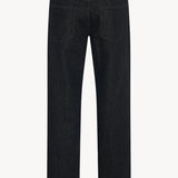 Back view of indigo rossen jean on white background, with no model shown.