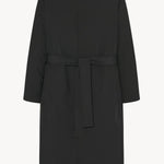 Front view of black tarian coat on white background, with no model shown.