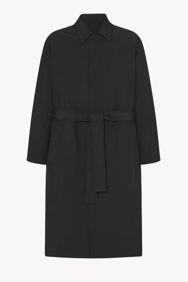 Front view of black tarian coat on white background, with no model shown.