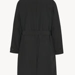 Back view of black tarian coat on white background, with no model shown.