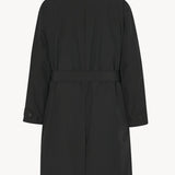 Back view of black tarian coat on white background, with no model shown.