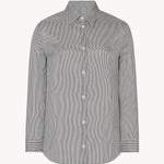 Front view of navy/white petra shirt in silk, against white background, with no model shown.