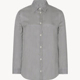 Front view of navy/white petra shirt in silk, against white background, with no model shown.