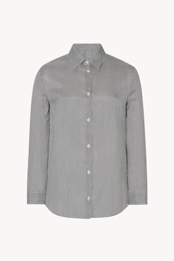 Front view of navy/white petra shirt in silk, against white background, with no model shown.