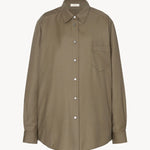 Front view of military beige pino shirt on white background, with no model shown.