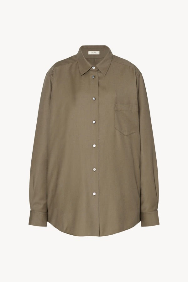 Front view of military beige pino shirt on white background, with no model shown.