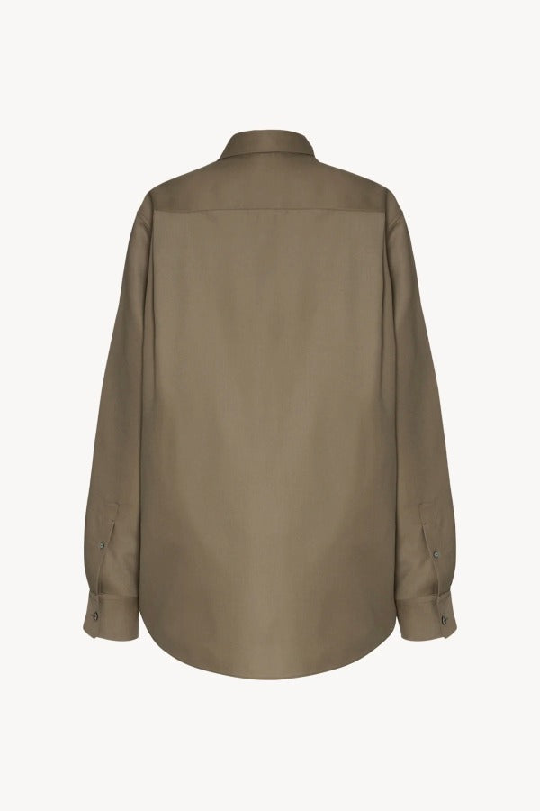 Back view of military beige pino shirt on white background, with no model shown.